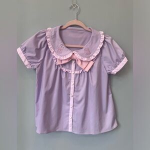 KOKOkim (M) button up shirt in purple and pink with candy logo and bow